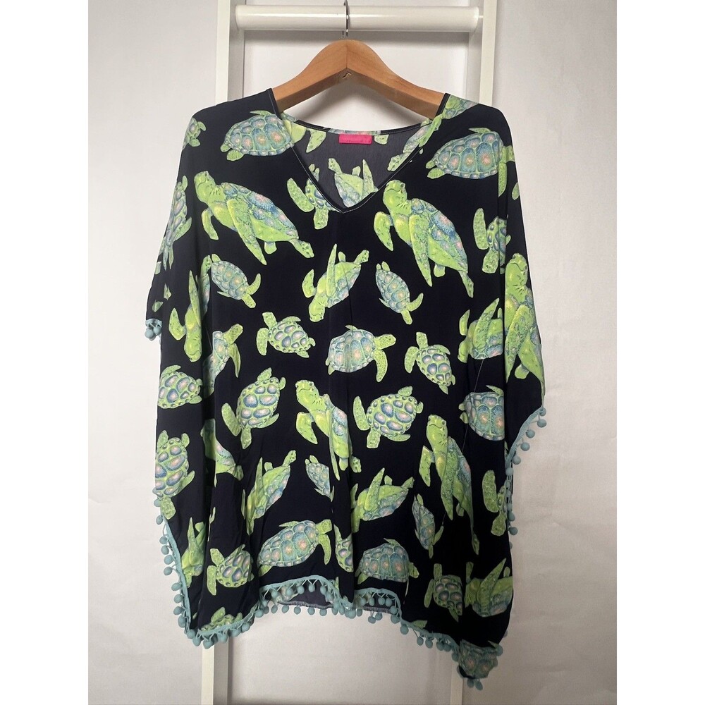Simply Southern Swim Cover Up Womens One Size Blue Green Turtles Pullover VNeck